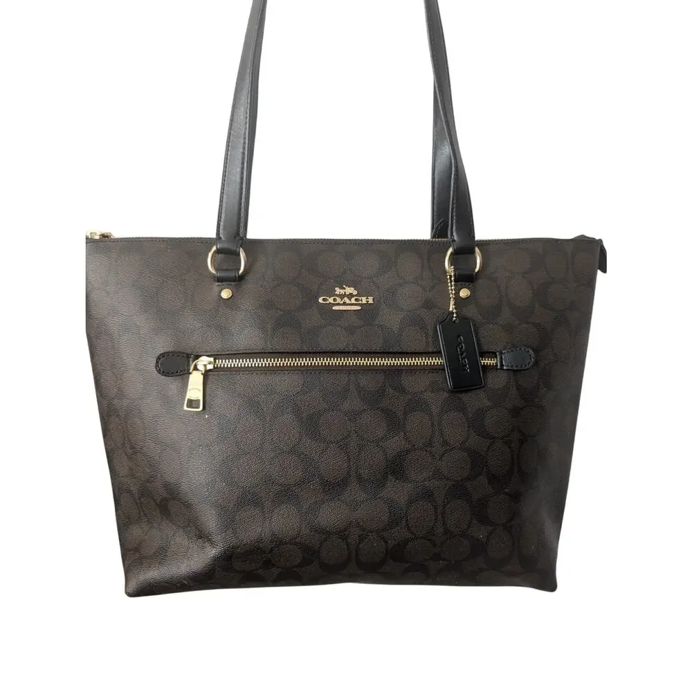 Coach Brown Signature Canvas Tote with Black Handles and Gold Hardware